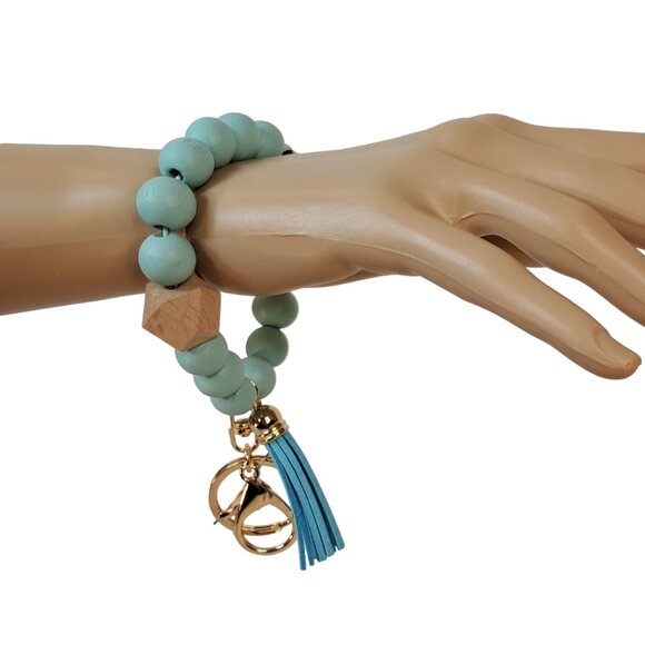 Blossom - Baby Blue Plaid White & Beige Beaded Wristlet Keychain w/ Tassel. - Picture 3 of 5